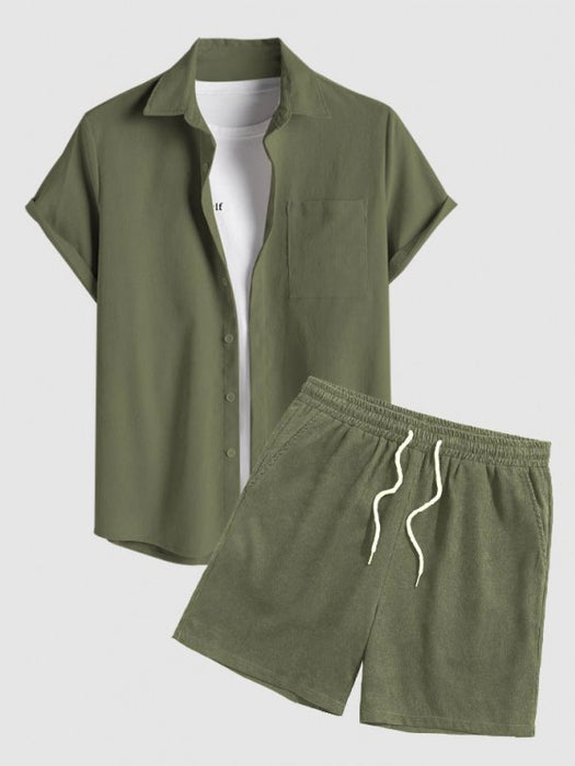 Drawstring Casual Solid Color Shirt And Shorts Set
