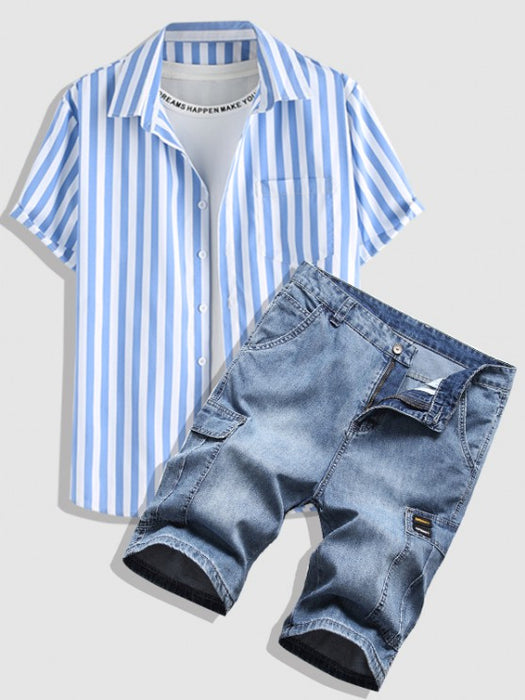 Multi Pocket Denim Shorts And Striped Short Sleeves Shirt Set