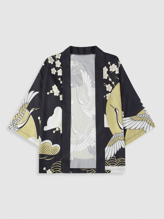 Crane And Floral Sun Print Kimono And Drawstring Shorts Set