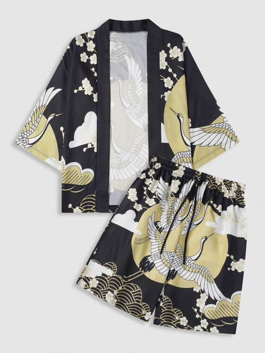 Crane And Floral Sun Print Kimono And Drawstring Shorts Set