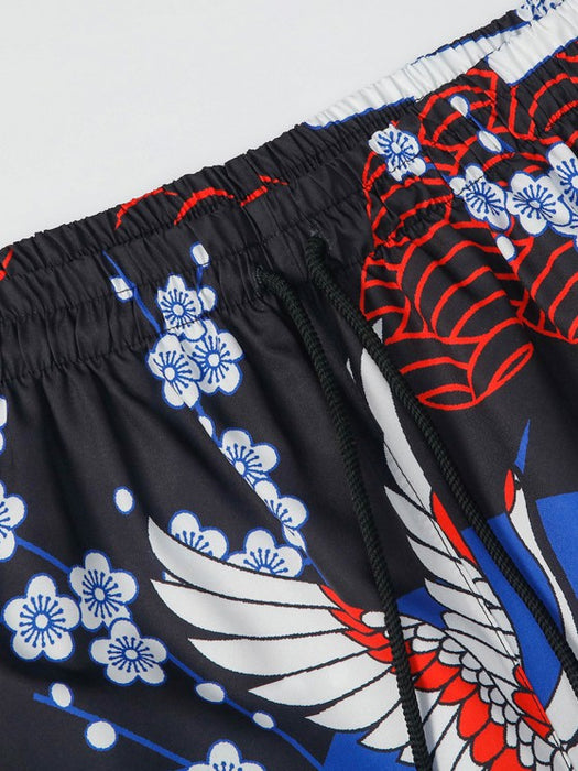 Floral And Crane Graphic Printed Kimono And Shorts Set