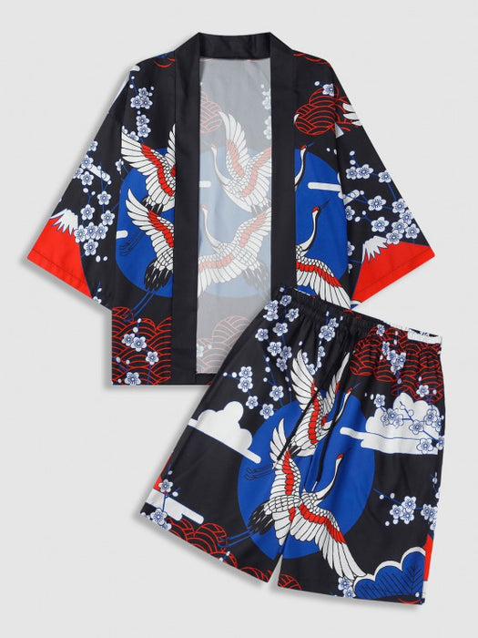 Floral And Crane Graphic Printed Kimono And Shorts Set