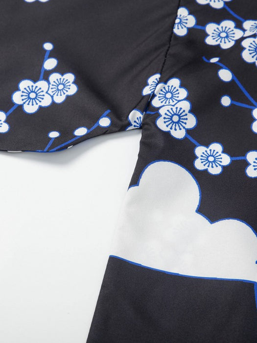 Floral And Crane Graphic Printed Kimono And Shorts Set