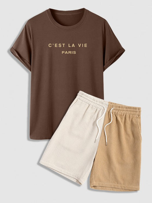 Text Print Casual T Shirt And Contrast Shorts
