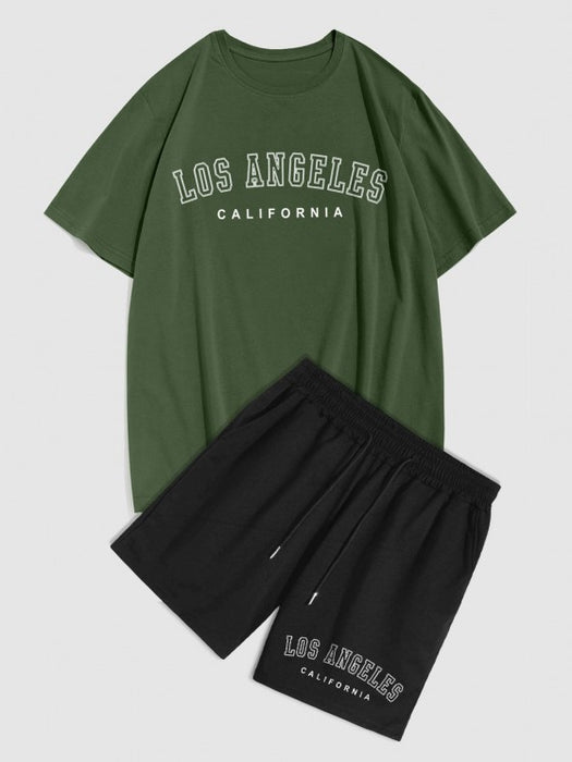 Los Angeles Letter Tee And Drawstring Shorts