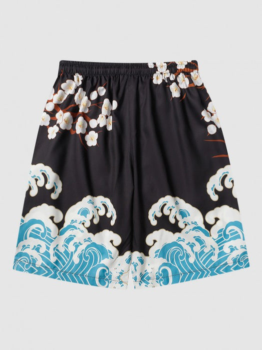 Sea Waves And Flower Print Kimono Shorts Set