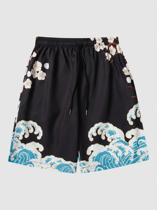 Sea Waves And Flower Print Kimono Shorts Set