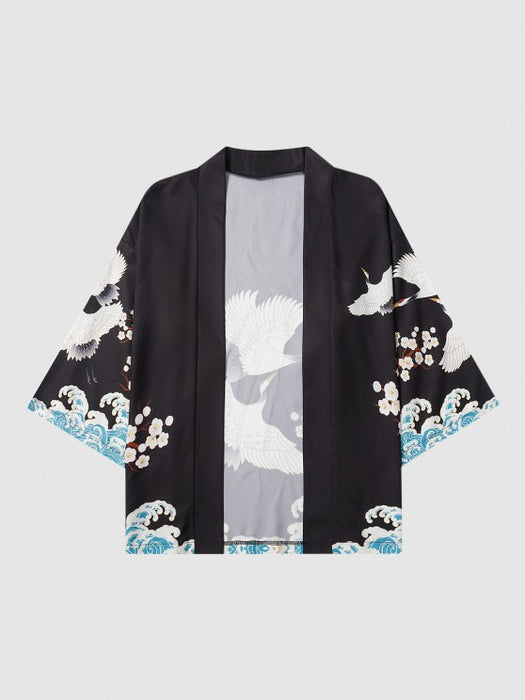 Sea Waves And Flower Print Kimono Shorts Set