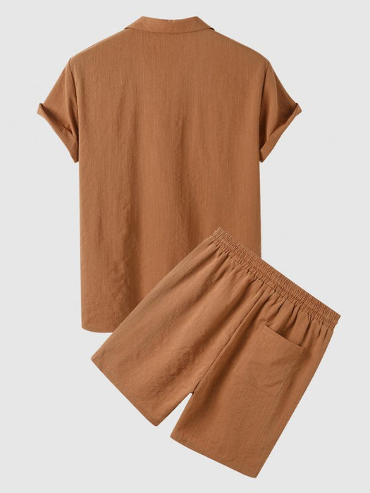 Pockets Notched Collar Short Sleeves Shirt And Drawstring Shorts Set