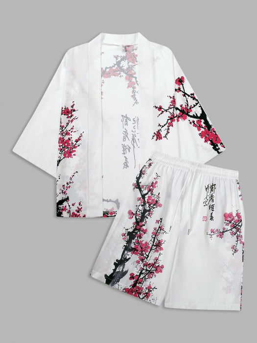 Plum Blossom Print Kimono And Casual Shorts Set