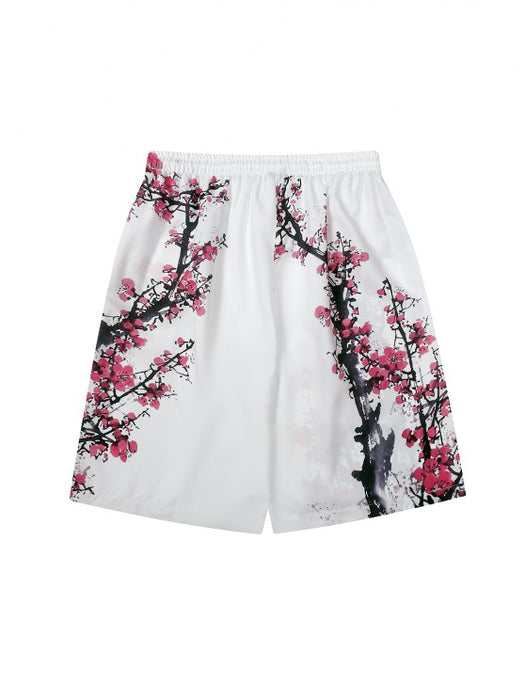 Plum Blossom Print Kimono And Casual Shorts Set