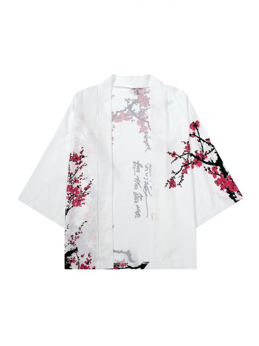 Plum Blossom Print Kimono And Casual Shorts Set