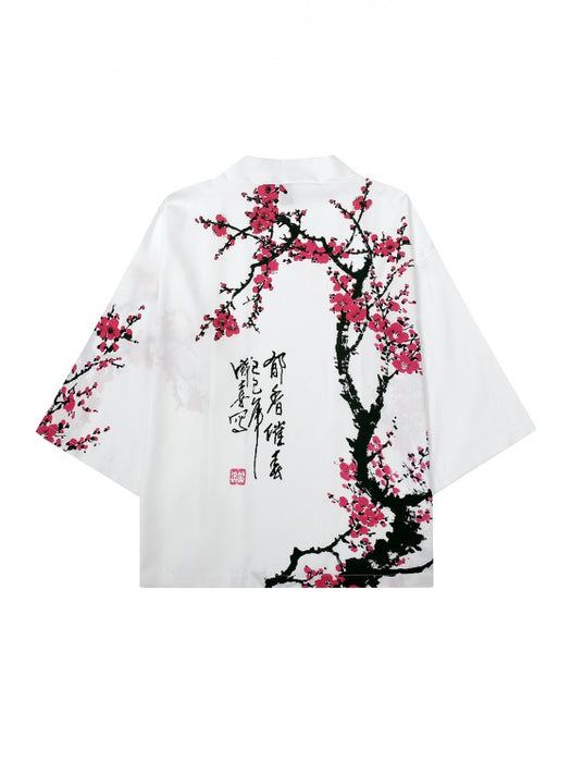 Plum Blossom Print Kimono And Casual Shorts Set