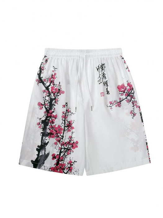 Plum Blossom Print Kimono And Casual Shorts Set