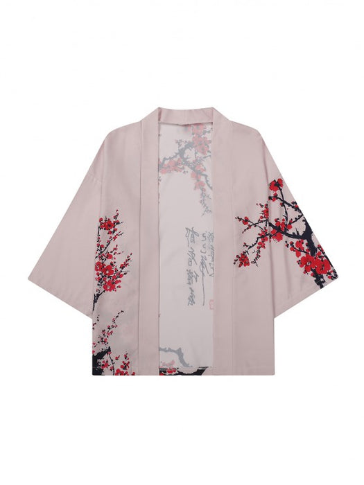 Plum Blossom Print Kimono And Casual Shorts Set