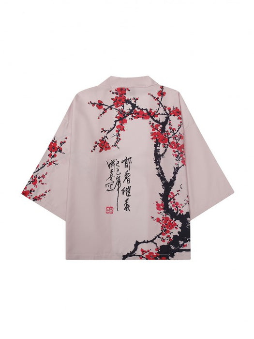 Plum Blossom Print Kimono And Casual Shorts Set