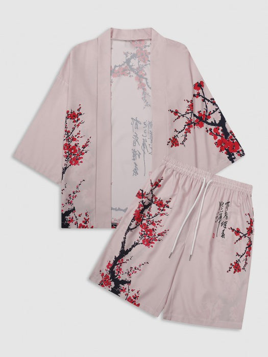 Plum Blossom Print Kimono And Casual Shorts Set