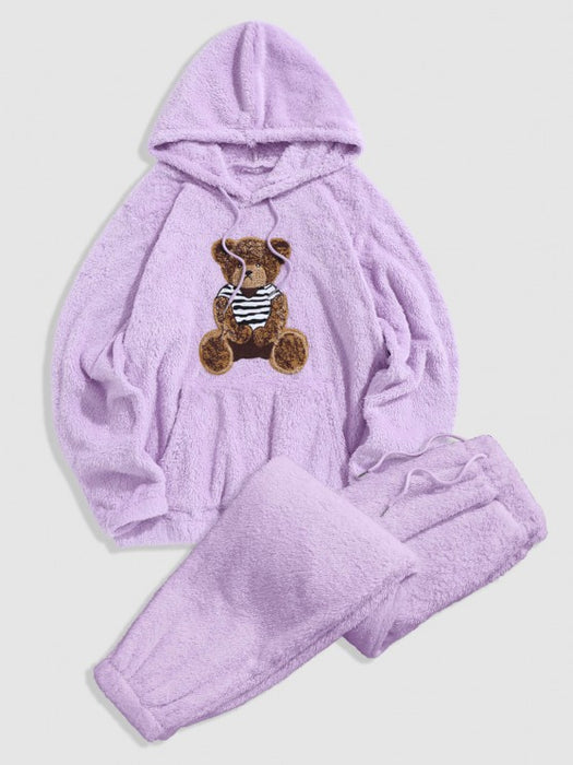 Bear Pattern Pullover Hoodie And Pants Set