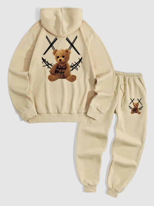 Cartoon Bear Pattern Fleece Lined Hoodie And Sweatpants Set