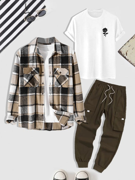 Plaid Shacket And Rose Print T-shirt And Pants