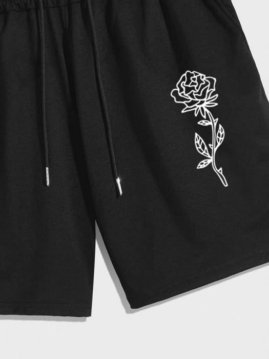 Rose Text Pattern Casual T Shirt And Shorts