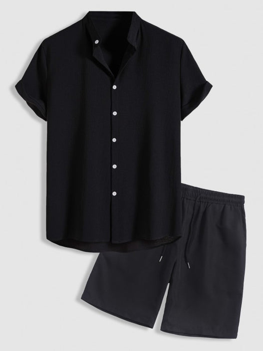Stand Collar Short Sleeves Solid Shirt And Shorts