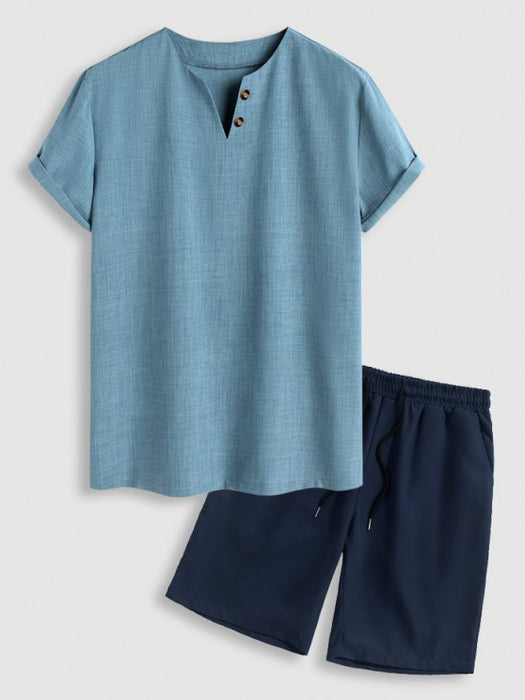 Notch Collar T Shirt With Solid Colored Shorts