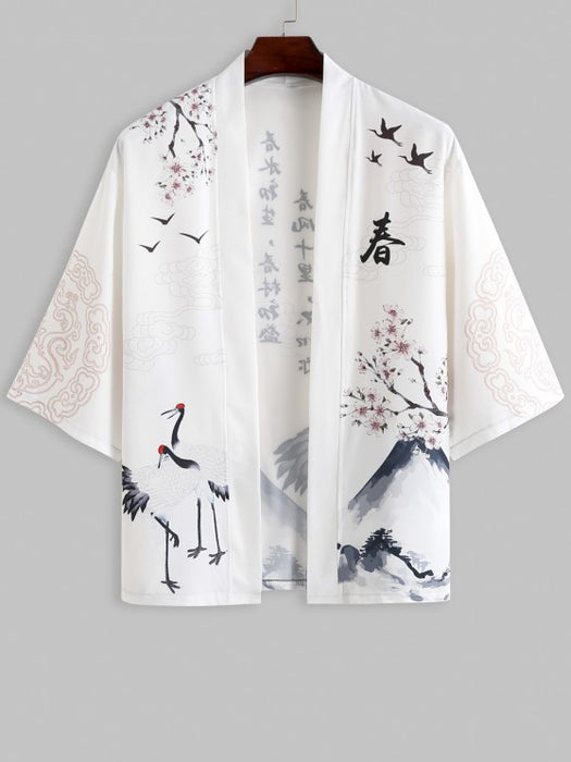 Open Kimono With Crane Pattern Capri Pants Set