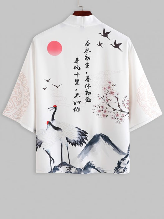 Open Kimono With Crane Pattern Capri Pants Set
