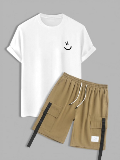 Cartoon Smile Tee And Stylish Cargo Shorts