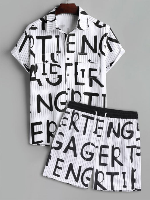 Letter Printed Pattern Short Sleeves Shirt And Shorts Set