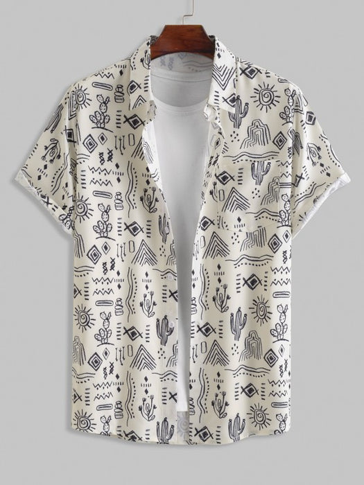 Sun And Cactus Pattern Shirt With Flap Pocket Cargo Pants Set