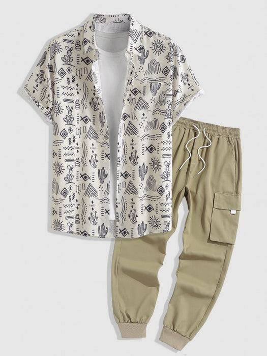 Sun And Cactus Pattern Shirt With Flap Pocket Cargo Pants Set