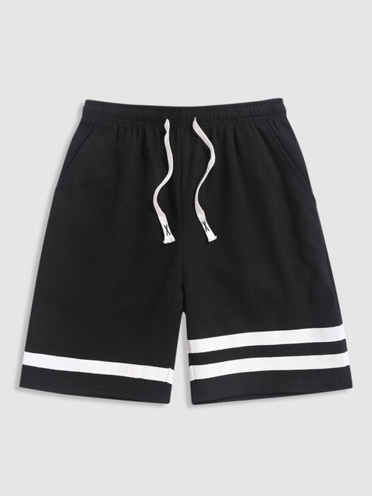 Striped Sports Textured Short Sleeves T Shirt And Shorts Set