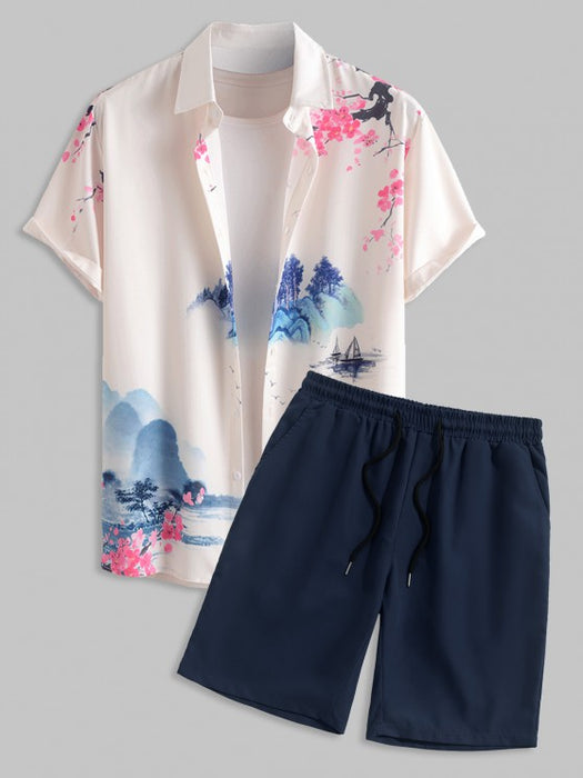 Casual Landscape Painting Shirt And Shorts Set