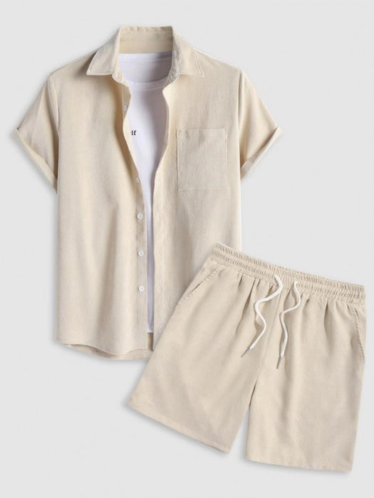 Drawstring Casual Solid Color Shirt And Shorts Set