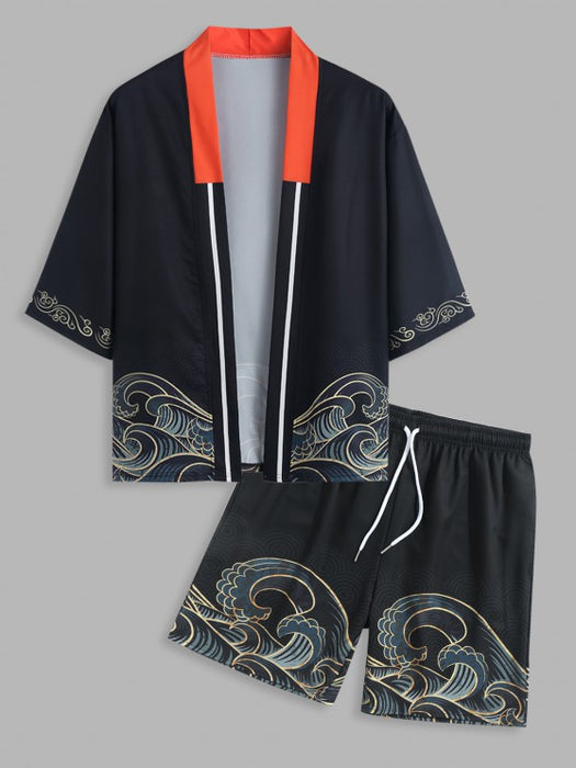 Sea Waves Print Collar Kimono With Beach Shorts Set