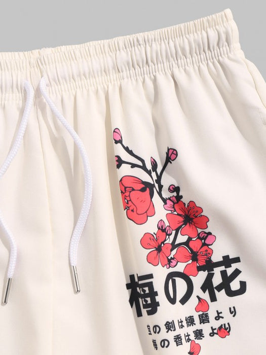 Plum Blossom Print And Board Shorts Set