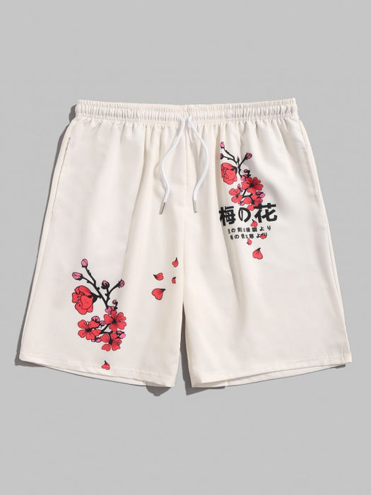 Plum Blossom Print And Board Shorts Set
