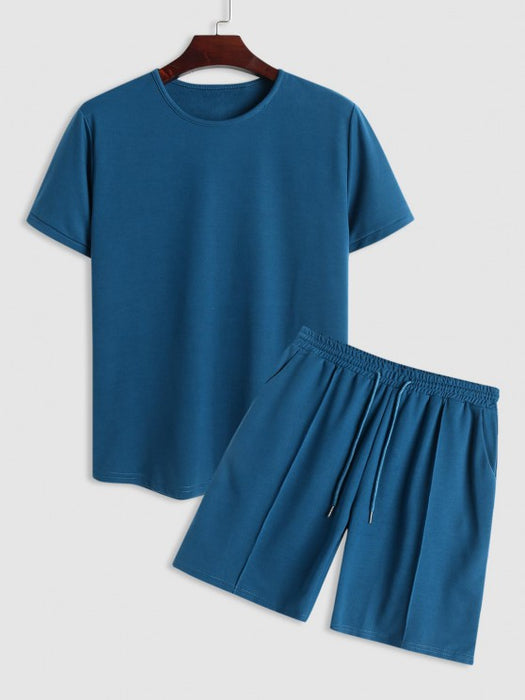 Solid Colored Short Sleeves T-shirt And Casual Shorts Set