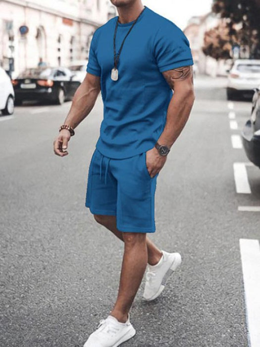 Solid Colored Short Sleeves T-shirt And Casual Shorts Set