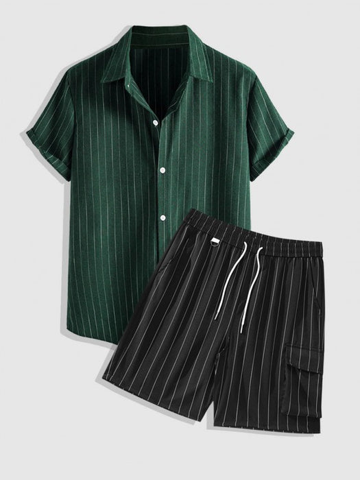 Striped Pattern Shirt And 3D Pocket Design Shorts Set