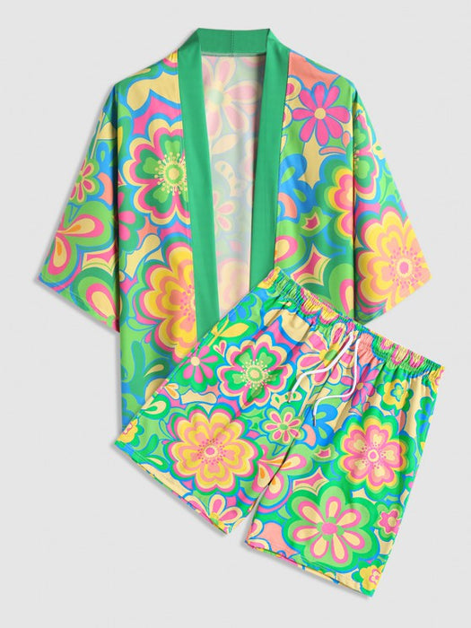 Floral Pattern Kimono And Shorts