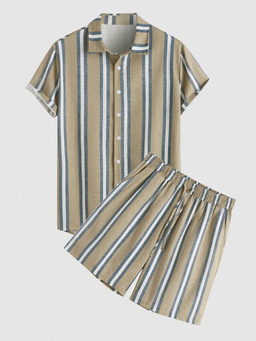 Linen Stripes Shirt And Casual Shorts Set