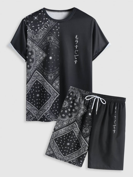 Abstract Print Short Sleeves T shirt And Adjustable Shorts Set