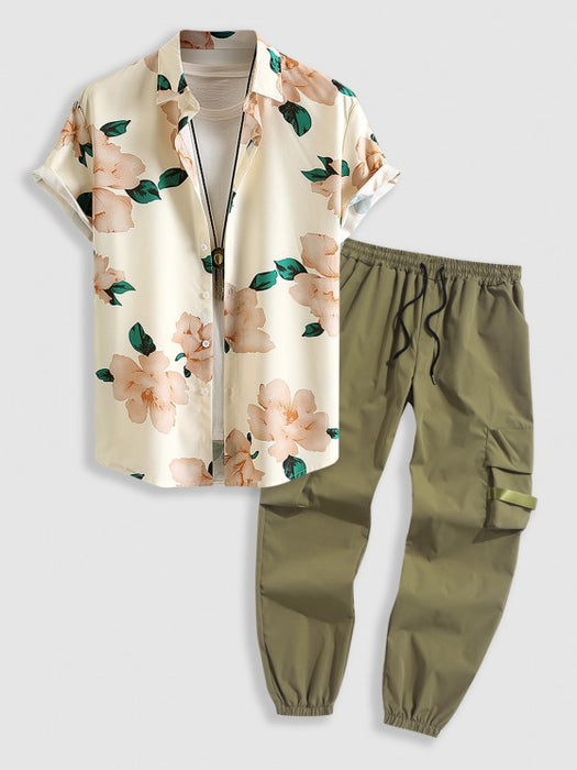 Floral Pattern Shirt With Pocket Ribbon Cargo Pants Set