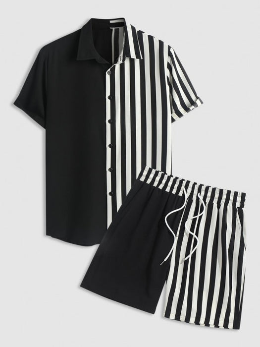 Half Striped Pattern Shirt And Shorts Set