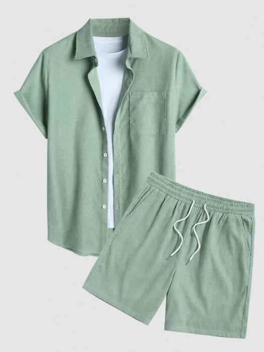 Drawstring Casual Solid Color Shirt And Shorts Set