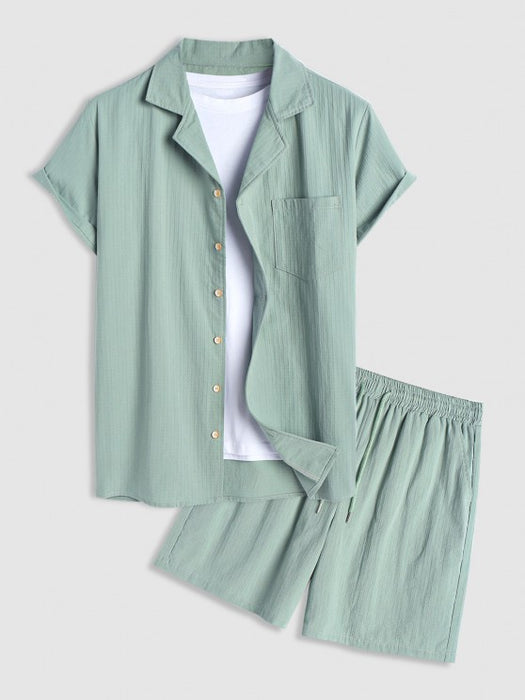 Linen Textured Front Pocket Shirt With Bermuda Shorts Set