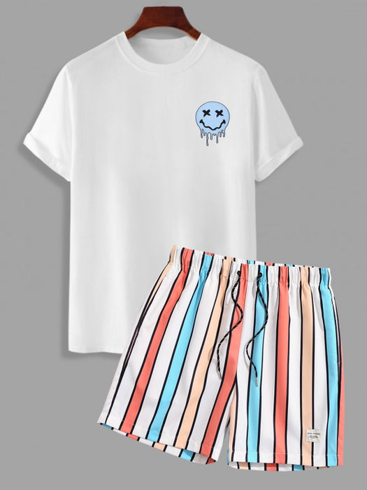Funny Smile Print And Striped Shorts Set